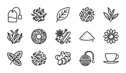 Tea Icons Set, Herbal Infusion Graphics, Beverage Elements, Black and White Vector Collection © Shahida
