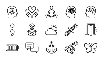 Fototapeta premium Mental Health Icons: Wellness, Therapy, Emotions, Brain, Growth, Self-Care, Support, 15 Vector Elements