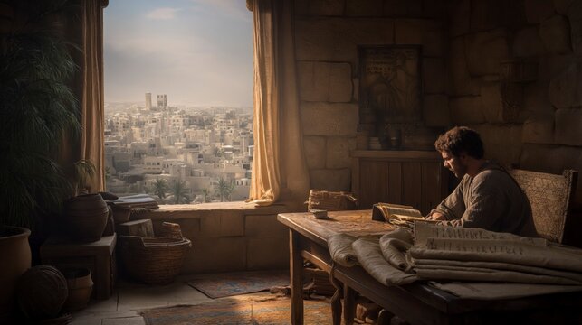 Daniel studies the sacred scrolls with wisdom and devotion, seeking understanding of God&rsquo;s Word as light fills the room and hope rises for His people.