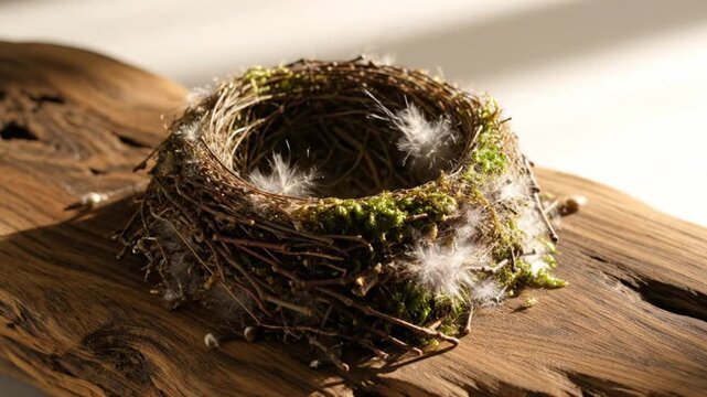 Closeup View of a Bird Nest with Feathers Resting on a Weathered Wooden Board in Warm Sunlight