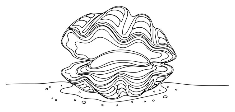 Open clam shell with a precious pearl inside in minimalist continuous line art style