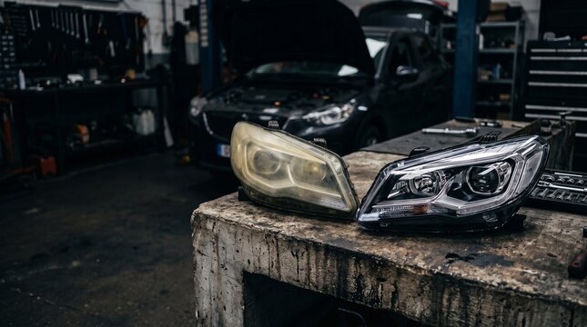 Car headlight restoration before and after concept. Old cloudy and new clear auto lamps on a garage workbench with blurred repair shop background.