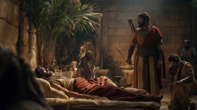 King Joash shoots arrows at Elisha&rsquo;s command as the prophet lies on his bed, symbolizing God&rsquo;s promised victory over Aram through faith and obedience.