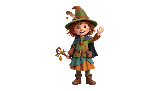 Cute cartoon child wizard with magic staff and green hat waving hello