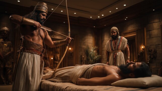 King Joash shoots arrows at Elisha&rsquo;s command as the prophet lies on his bed, symbolizing God&rsquo;s promised victory over Aram through faith and obedience.