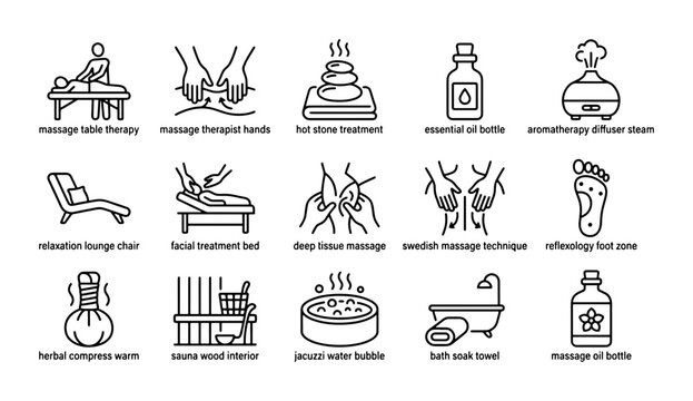 Spa and Wellness Icons: Massage, Therapy, Relaxation, Aromatherapy, Beauty, Health
