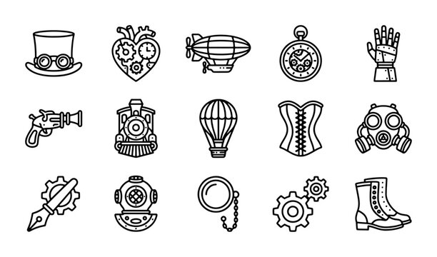 Steampunk Icons Set: Victorian Industrial Gears, Airships, and Gadgets Vector Collection