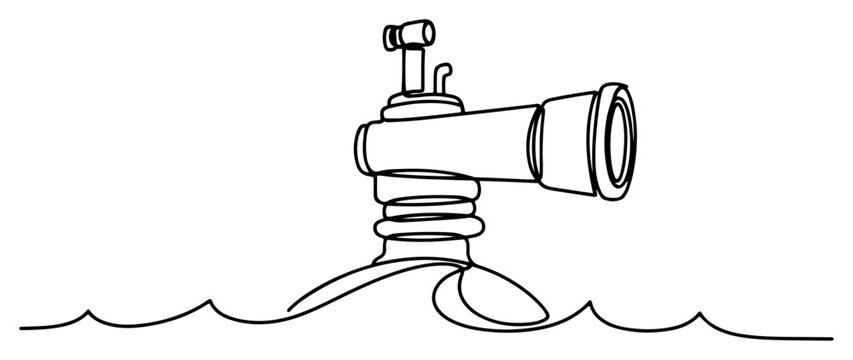 Submarine periscope peering above wavy ocean surface in minimalist continuous line art style