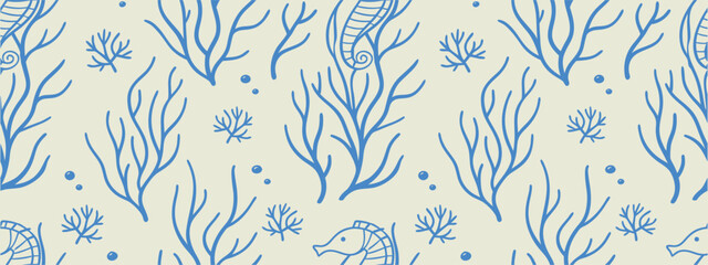 Hand drawn seamless ocean coral reef pattern with seahorse, marine branches and underwater botanical elements for fabric, wallpaper, wrapping paper, textile, packaging and coastal decor vector . © KhanMinhazulIslam