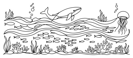 Underwater sea life with whale and jellyfish in continuous line art style © InsomniaVideo