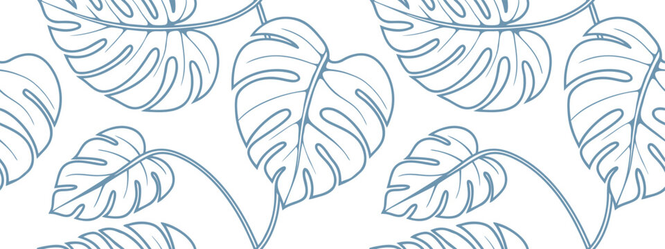 Seamless monster leaf pattern with elegant tropical botanical outline in soft blue vector style on a clean white background. Perfect for fabric, wallpaper, wrapping, packaging, and home decor .