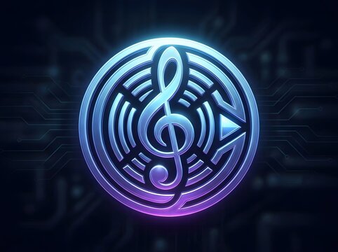Futuristic music icon with glowing neon effect against a dark digital circuit board background.