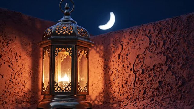 Decorative lantern illuminated by candlelight hanging with a crescent moon in the background during the night