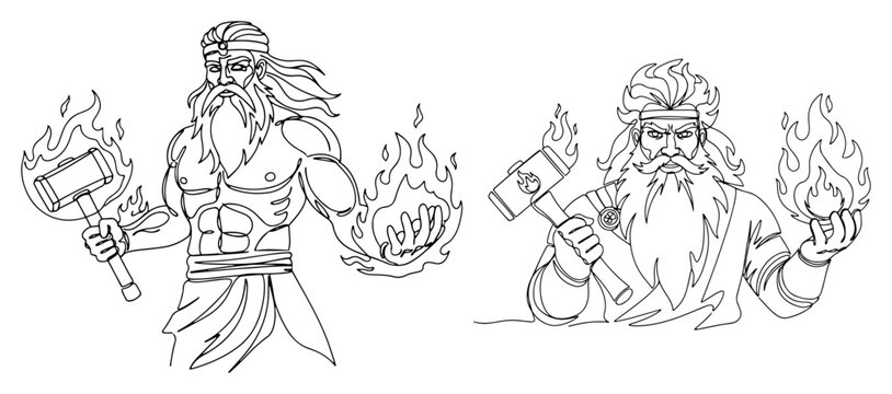 Powerful mythological gods holding hammers and fire in detailed line art style