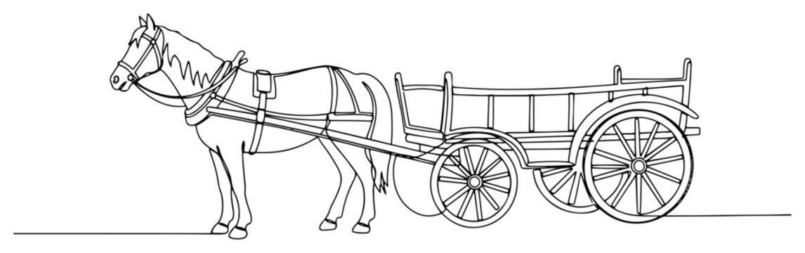 Horse pulling traditional wooden cart in continuous line art style