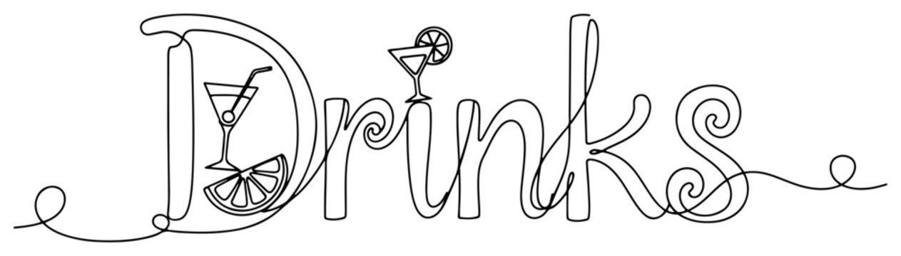 Drinks typography with cocktail icons in continuous line art style