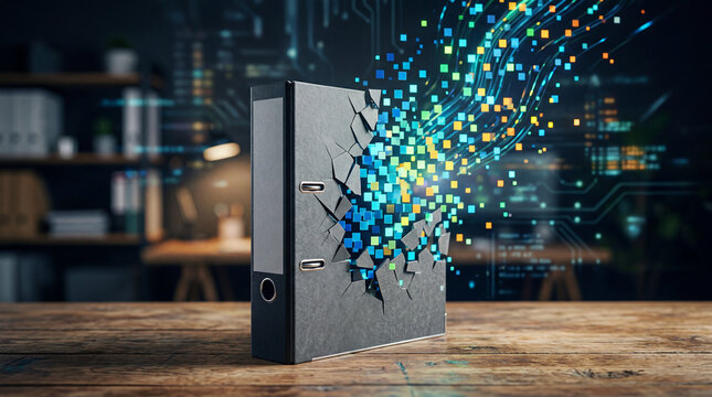 Traditional office folder exploding into colorful digital cubes and data pixels representing cloud data migration and automation