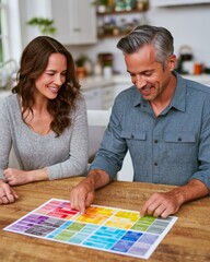 Fototapeta premium Couple reviewing colorful benefits checklist at kitchen table