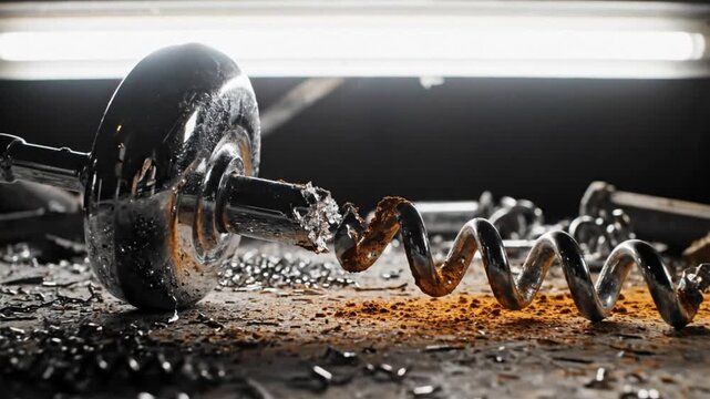 Close up of a broken corkscrew with the metallic spiral lying on a wooden surface with debris