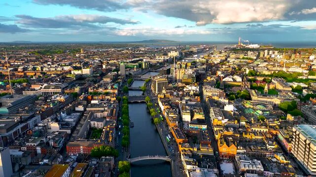 Aerial view of Dublin and river Liffey in summer, Ireland