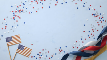 Obraz premium Labor day patriotic celebration american flags confetti ribbons on light blue background