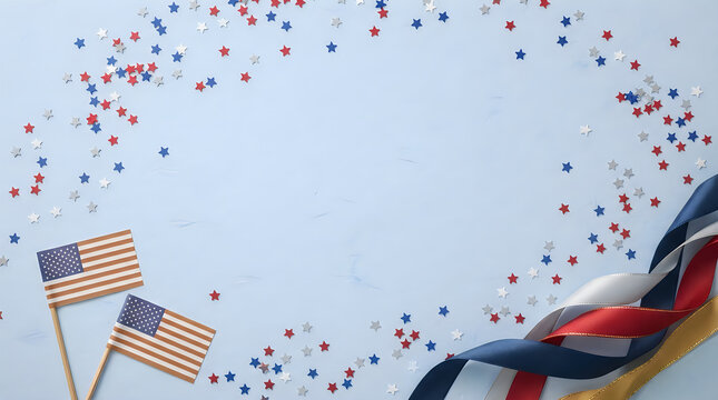 Labor day patriotic celebration american flags confetti ribbons on light blue background