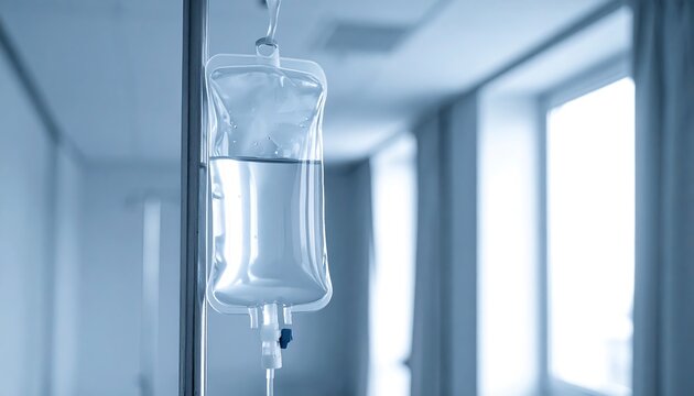 Close-up of IV bag hanging on pole in a sterile, softly-lit hospital room setting