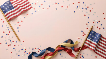 Obraz premium Labor day patriotic backdrop american flags ribbons and stars on pink holiday concept