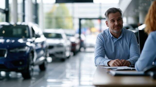 Car dealership consultant assisting customer at front desk in modern showroom