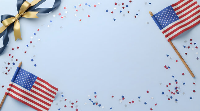 Labor day patriotic celebration american flags ribbon and confetti on blue background