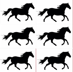 A bold and elegant running horse silhouette vector featuring a graceful horse in full gallop with a flowing mane and tail. This high-quality black silhouette is ideal for logos, branding,design © RAF RAF