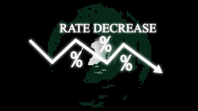 rate decrease decline animation featuring a downward trend arrow, percentage symbols, and a digital world map on a black background. Modern financial motion graphic illustrating falling.