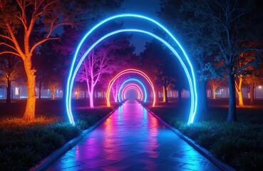 Fototapeta premium Night park pathway lined with colorful neon arches. Glowing rings create tunnel effect. Trees, grass, wet path reflect vibrant lights. Futuristic, dreamlike ambience.