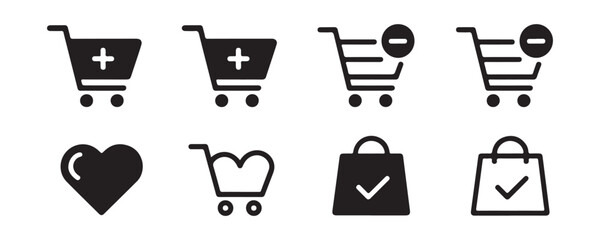 Shopping cart and bag icon set with plus minus and check symbols for ecommerce checkout navigation bar. © Moni