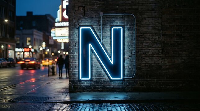 Glowing Blue Neon Letter N Sign on a Brick Wall in an Urban City Street at Night