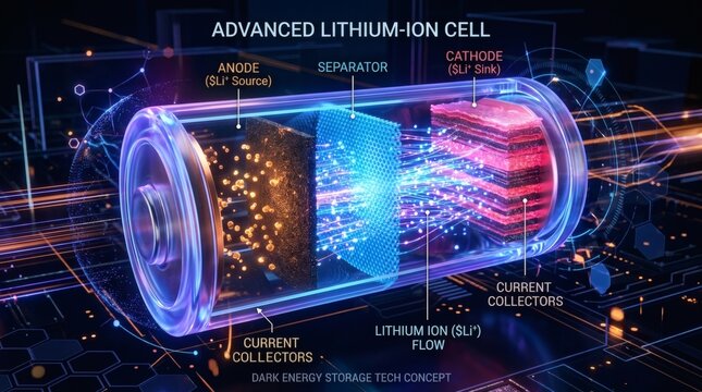 Detailed cross-section of an advanced lithium ion battery cell showing internal components and ion flow