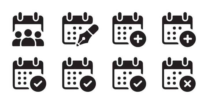 Calendar set with people pen add plus check mark and remove delete icons for business schedule planning.