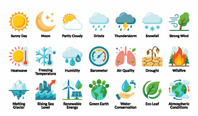 Fototapeta premium Climate Flat Style Icon Collection with Weather and Environmental Symbols Vector Set