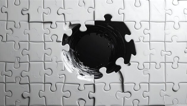 Close-up of jigsaw puzzle missing central pieces, showing a dark, circular void