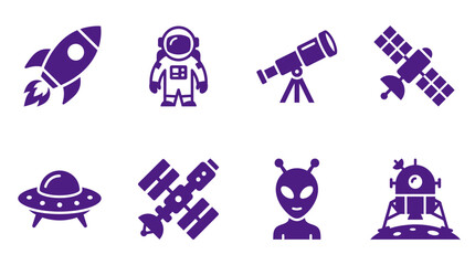 Space Exploration Icons: Rocket, Astronaut, Telescope, Satellite, UFO, Spaceship, Alien, Lander © NYN_ART