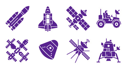 Space Exploration Icons: Rocket, Shuttle, Satellite, Rover, Astronaut, Lander © NYN_ART