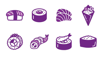 Purple Sushi Icons Set: Nigiri, Maki, Temaki, Sashimi, Ebi Tempura © NYN_ART