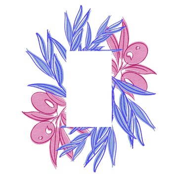 Elegant botanical frame with blue and pink olive branches on white background.