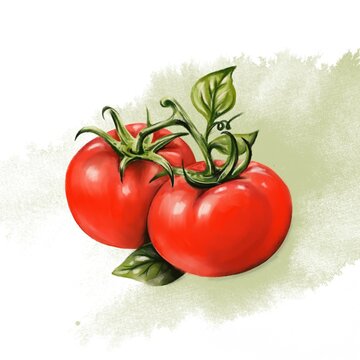 Watercolor illustration of two ripe red tomatoes on a branch with green leaves isolated on white background.