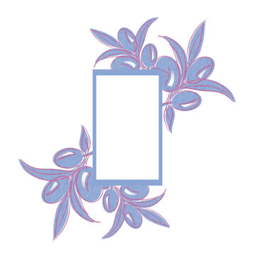 Botanical frame design with blue olive branches on white background.
