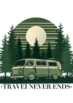 Retro travel illustration with vintage van in pine forest at sunset.
