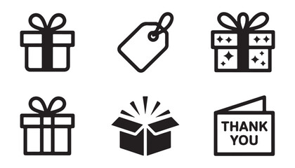 Gift and retail icons set featuring packages tag open box and thank you greeting card for ecommerce design. © MSTGIRATUN