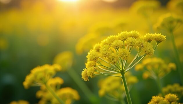Closeup of Isatis Tinctoria or Dyer Woad yellow flowers. Soft sun glows on delicate petals and green stems. Blooming plant field during summer day.