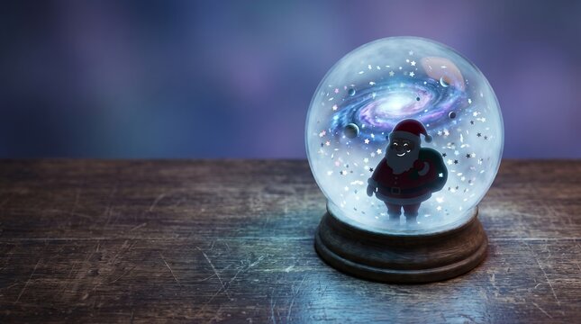 Snow globe containing miniature galaxy and Santa silhouette on wooden table  