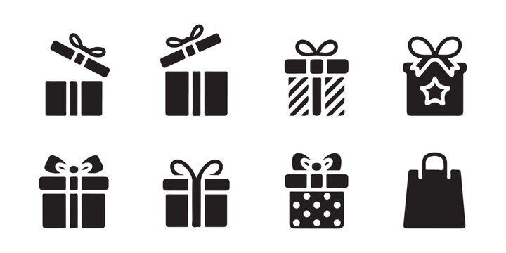 Various gift box and shopping bag icons featuring star patterns and stripes for festive sales events.